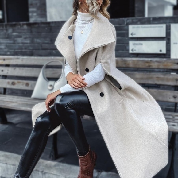 beige button double breast vest trench pea coat - Picture 7 of 7